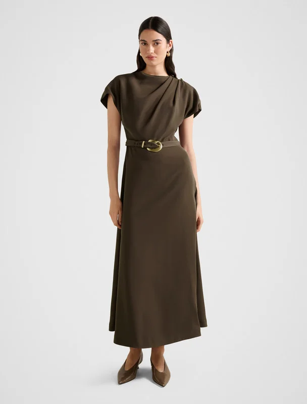 KYLEE Belted Button Neck Maxi Dress